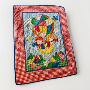 Vintage 70s Baby Crib Quilt Patchwork Gingham Rag Doll Blanket Hot Air Balloon
